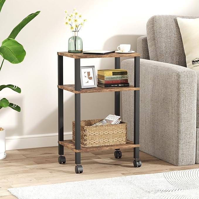 3-Tier Printer Stand with Storage, Mobile Printer Cart with Rolling Casters & Adjustable Feet, Under Desk Storage Shelf for Home Office, Rustic Brown, 15.7" x 11.8" x 25.9"