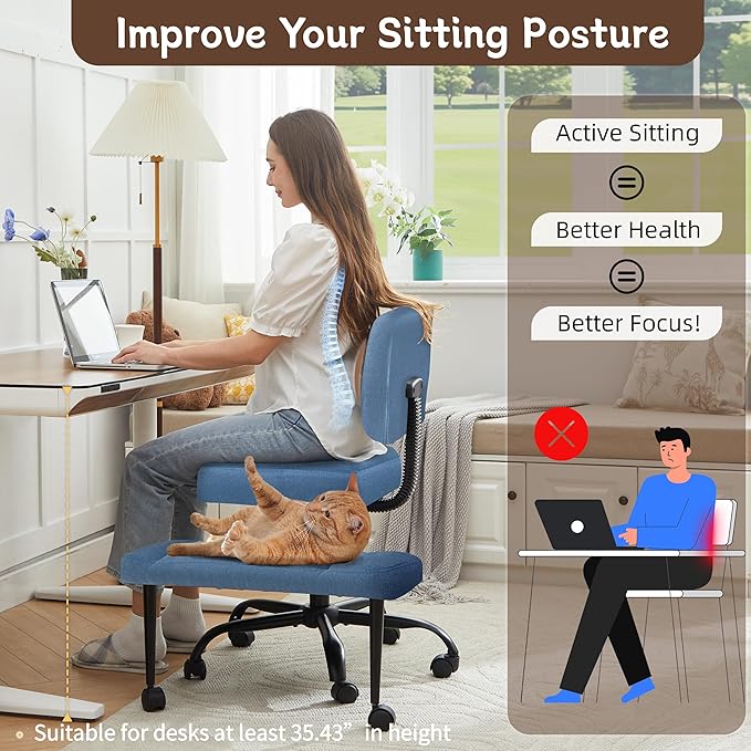 Ergonomic Criss Cross Legged Office Chair, ADHD Chair, 360° Swivel Meditation Kneeling Chair with Wheels, Adjustable Footrest, Bigger & Wider Height Adjustable Seat, Strong Lumbar Support, Bluecloth