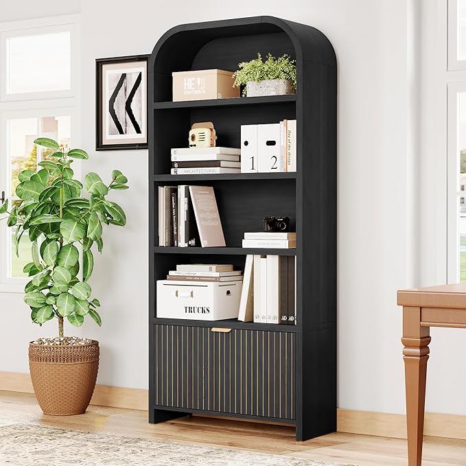 LEVNARY Arched Bookcase with Drawer, 70" Tall 5-Tier Bookshelf with Fluted Carved Drawer, Freestanding Display Storage Cabinet for Living Room Bedroom Home Office (Black)