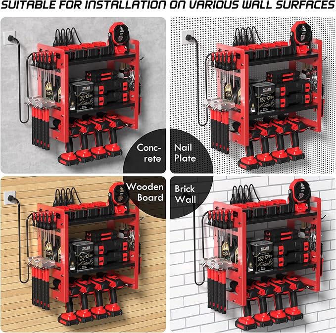TOPRINCE Power Tool Organizer Wall Mount with Charging Station, 3-Tier Heavy Duty Metal Tool Rack with 4 Drill Holders and 6FT Power Strip, Garage Workshop Storage.Red