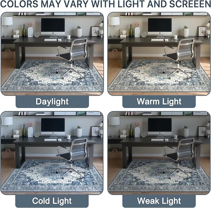 48"x60" Office Chair Mat for Hardwood Tile Floor, Under Desk Carpet Protector for Rolling Computer Chair Mat, Machine Washable Area Rug, Anti-Slip 1/5" Thick Low Pile Thin Vinyl Floor Mat, Navy