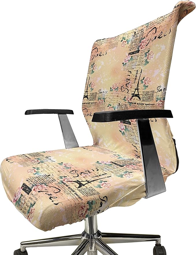 Ambesonne Modern Office Chair Cover, French Paris Themed Lettering with Floral Leaves Details Art, Stretchable Decorative Universal Size High Back Printed Slipcover, Pink Black