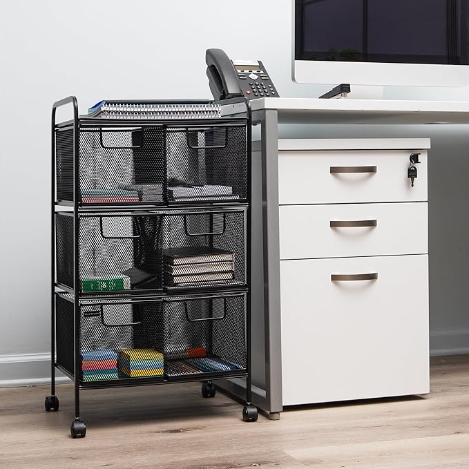 Mind Reader Multipurpose Rolling Cart with Drawers, Office Storage Organizer, Utility Cart, Metal Mesh, Black