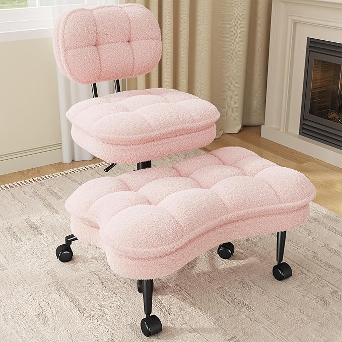 DurayLoly Ergonomic Criss Cross Office Chair, Swivel Chair with Wheels & Backrest, Comfy Office Chair with Foot Rest for ADHD, Height Adjustable, Thicken Cushion, Teddy Fabric, Light Pink