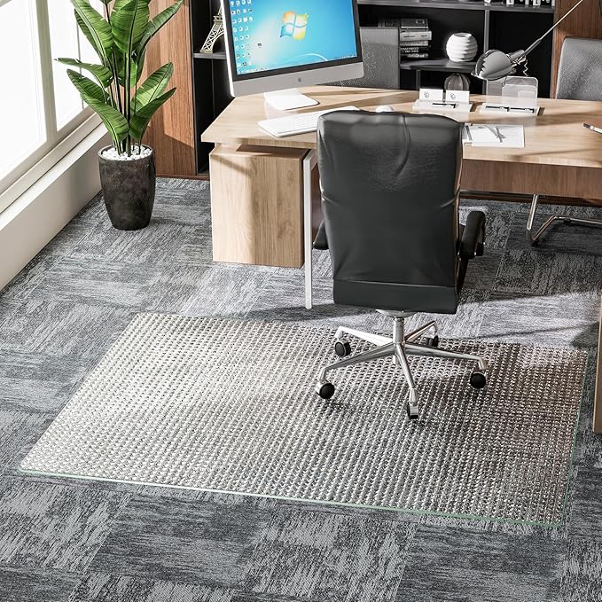 GLSLAND 46"x55" Tempered Glass Chair Mat – Checkered Patterned Heavy Duty Floor Mats Protector for Hardwood Floors & Carpet, Decorative Home and Office Desk