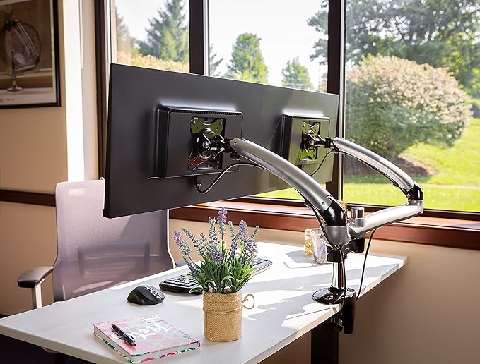 Ergotech Dual Freedom Arm, Includes Two Aluminum Articulating Arms, 8.4-17.8 lbs. Weight Capacity per Arm, Suitable for Monitors up to 27 inches, VESA Compatible 75×75, 100×100, Silver