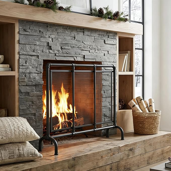 Christopher Knight Home Suho 1-Panel Iron Fireplace Screen, Durable Rectangular Fire Spark Guard with Wrought Metal Decorative Mesh, Heavy Duty with Water Pipe Design, 36" x 29", Black