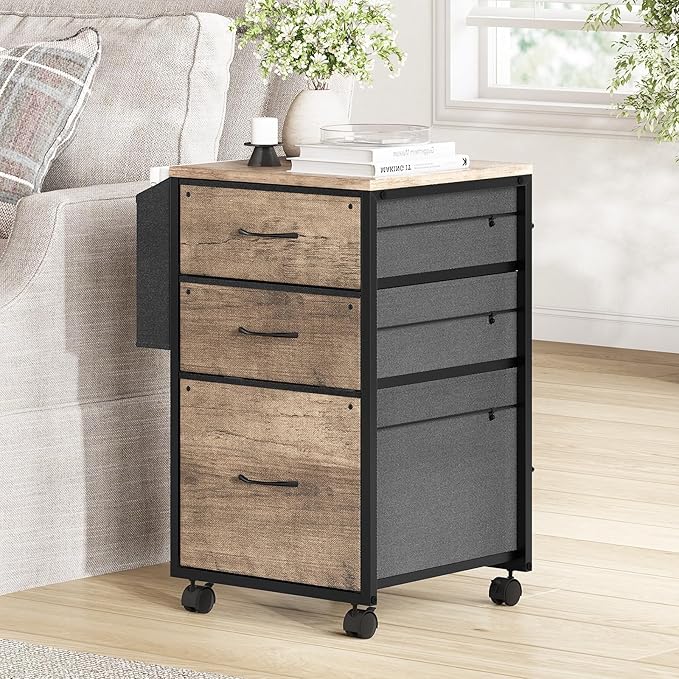 VINGLI 3 Drawer File Cabinet with Side Bag, Rolling File Cabinet Mobile Under Desk File Cabinet with Wheels, Fabric Drawers Printer Stand for Home Office, Fits Letter Size, Rustic Gray