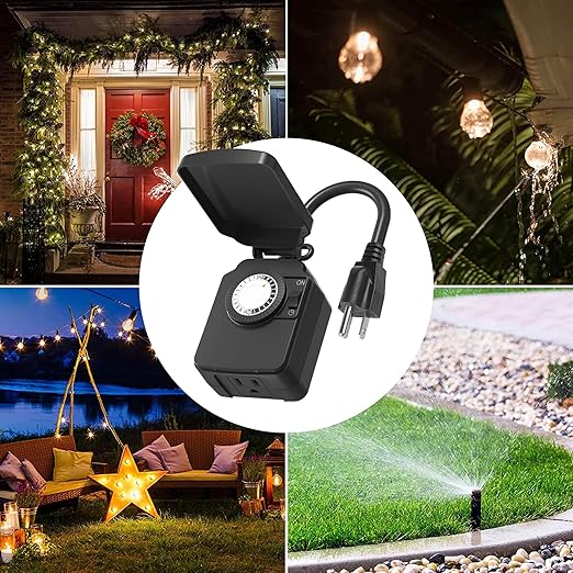 BN-LINK 24 Hour Heavy Duty Mechanical Timer, Outdoor Timer Outlet Waterproof with 30 Minutes Intervals, 1 Grounded Outlets for Christmas Lights Pool Pump,15A 1/2HP, ETL Listed（2 Pack）