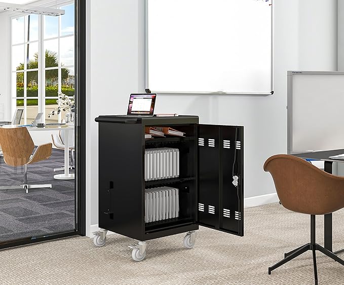 32 Device Charging Cart, Laptop and Tablet Storage Cart, Holds Up to 16.3" with Cord Management, Front and Rear Access Locking, Desktop Charging and Storage Cabinet for Classroom or Office.Black