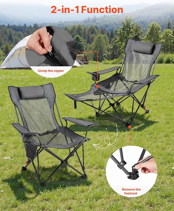 VEVOR 2-in-1 Reclining Camping Chair with Footrest for Adults, 4 Adjustable Positions, Portable Folding Lounger, Lightweight Mesh Beach Chair Supports 220lbs, Heavy Duty Camp Chairs Outdoor, Gray