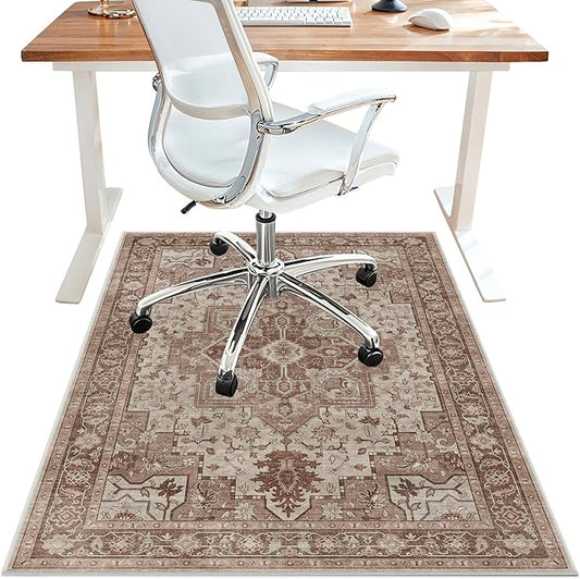 36"x48" Office Chair Mat for Hardwood Tile Floor, Under Desk Carpet Protector for Rolling Computer Chair Mat, Machine Washable Area Rug, Anti-Slip 1/5" Thick Low Pile Thin Vinyl Floor Mat, Brown Red