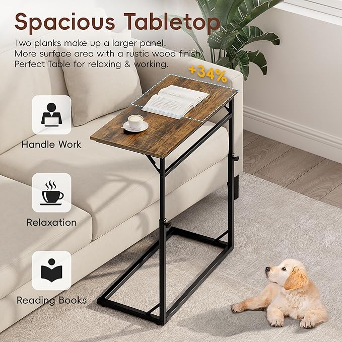 Vagusicc C Shaped End Table, Tall Side Table for Couch, C-Table End Table Adjustable Height Side Tables, Large Surface Sofa Tables TV Tray, Slide Under Couch Tables for Sofa, Living Room,Bedroom,Brown