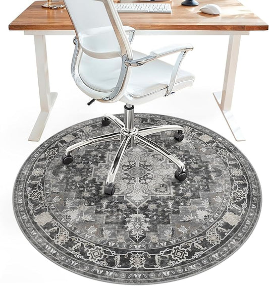 60"x60" Office Chair Mat for Hardwood Tile Floor, Under Desk Carpet Protector for Rolling Computer Chair Mat, Machine Washable Round Area Rug, Anti-Slip 1/5" Thick Low Pile Thin Floor Mat, Black