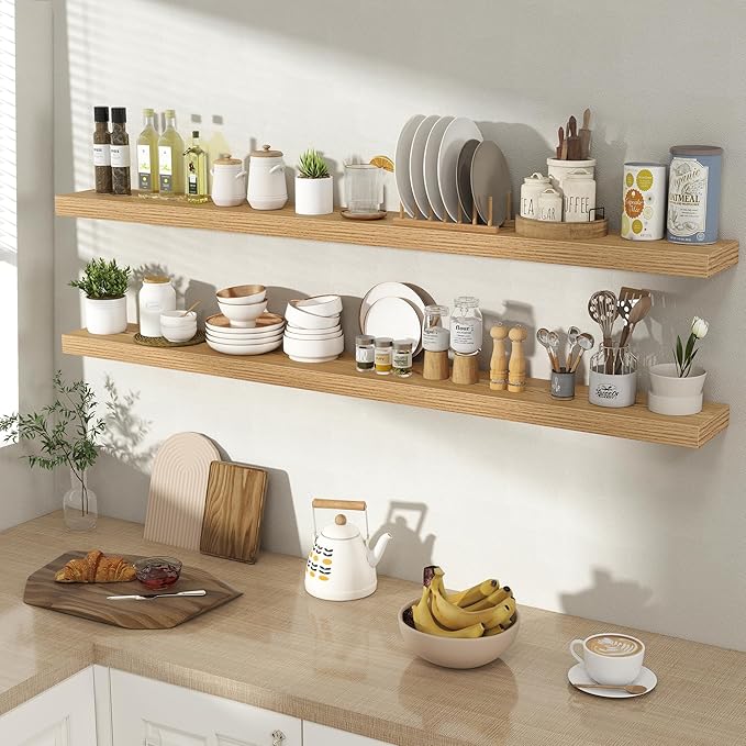 Acovy 55 Inch Floating Shelves for Wall 2 Pack, 55" Wall Shelves for Books, Storage, Decor, Wall Mounted Floating Shelf with Invisible Brackets for Kitchen, Living Room, Light Brown