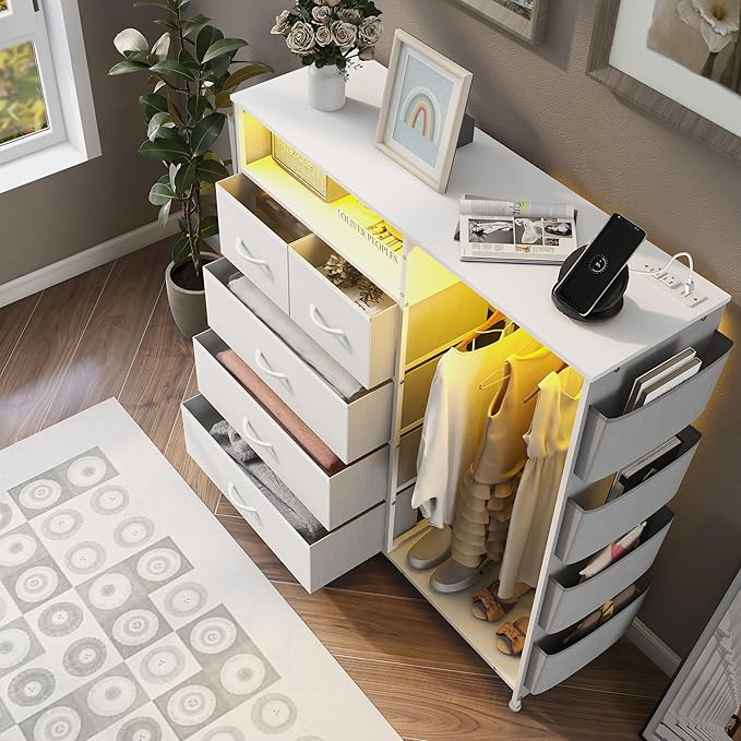 Espelism Dresser for Bedroom with Clothes Rack Side Pockets White 5 Drawers with Charging Station LED Lights Sturdy Steel Frame Wood Top Organizer Unit for Nursery Hallway Closet