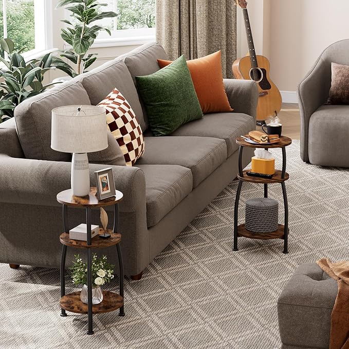 Small Round Side Table, 3-Tier End Table with Storage Shelf, Slim Coffee Table for Small Spaces, Industrial Sofa Table for Narrow Gaps in Living Room & Bedroom, Rustic Brown