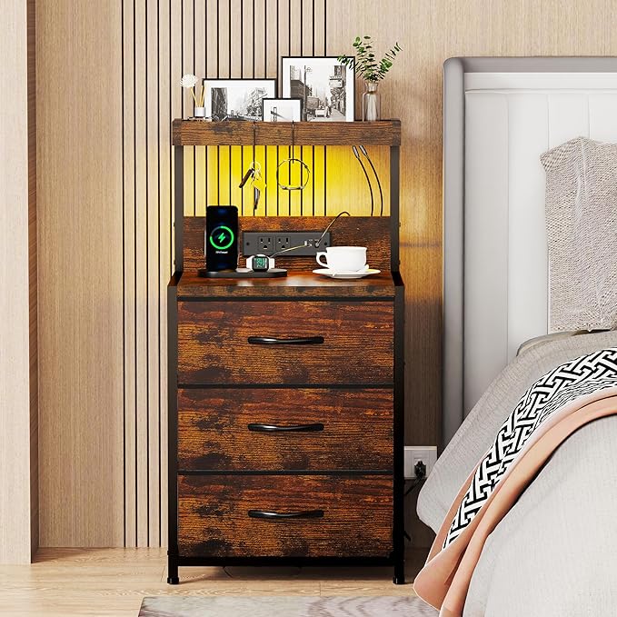 SZLHANJZ Night Stand, Nightstand with Charging Station and Led Lights, 3 Drawers Night Stand with Storage Shelf and Hooks, Tall End Side Table for Bedroom, Rustic Brown