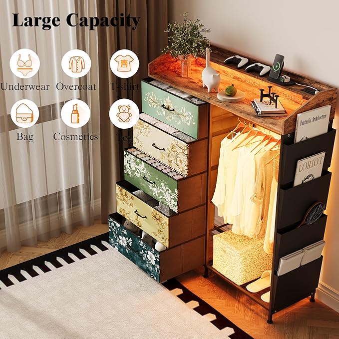 LUMTOK 2-in-1 Dresser with Hanging Racks,5 Fabric Drawers Dressers with LED Lights, Charging Station for Bedroom Living Room, Entryway, Closets (Retro Pattern)