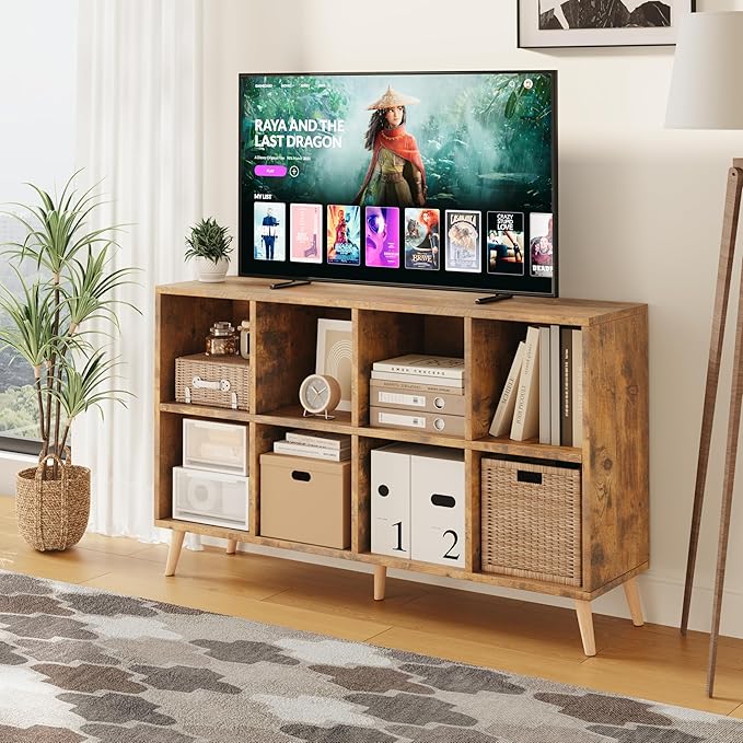 8-Cube Bookshelf 2 Tier Retro Bookcase with Legs, 11in Shelf Opening, 47" Wood Bookshelves Storage Organizer Shelf, Freestanding Open Book Shelves for Bedroom Living Room Office, Vintage Brown