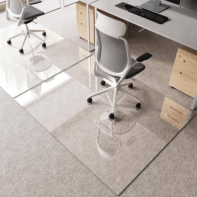 Tempered Glass Chair Mat 60"x48" – Ultra-Clear Office Chair Mat for Hardwood Floors & Low-Pile Carpets – Heavy-Duty 0.2" Scratch-Resistant Surface with Non-Slip Pads – Supports 1,000 lbs