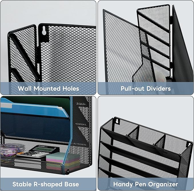 Jakyitvi File Organizer Wall Mounted 5 Tiers, Durable Adjustable Metal Vertical Hanging, Stable R-Shaped Bottom 4 Pull-Out Deviders to Sort File,Mail,Newspaper,Pen, Suitable for Office,Black