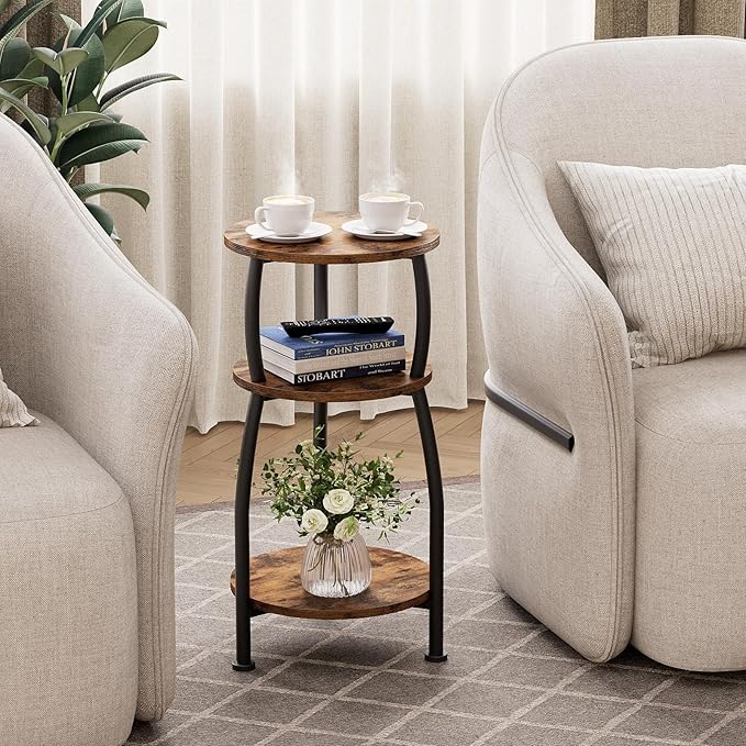 Small Round Side Table, 3-Tier End Table with Storage Shelf, Slim Coffee Table for Small Spaces, Industrial Sofa Table for Narrow Gaps in Living Room & Bedroom, Rustic Brown