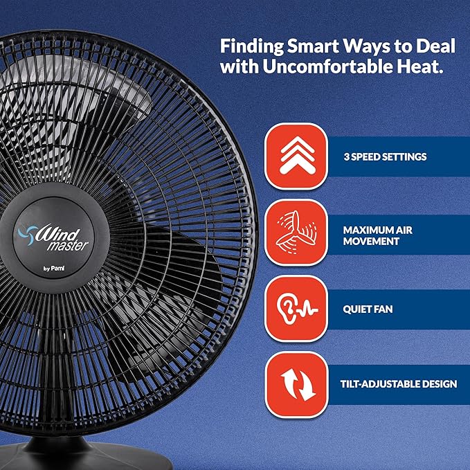 PAMI Oscillating Desk Fan - Portable Table Top Fan With 3 Speed Levels, Large Blades & Adjustable Tilt- Max Air Flow Office Desk Fan- Electric Cooling Fan For Bedroom Home Dorm Office (Black, 12'')