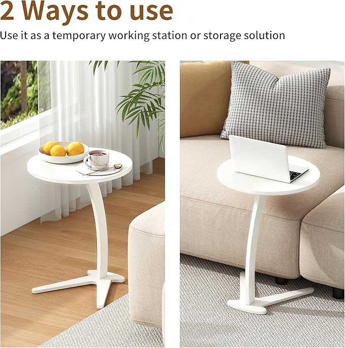 C Shaped End Table, Small Round Side Table for Couch, Slide Under Sofa Tray Desk for Living Room Bedroom, Solid Wood TV Tray Table for Narrow Space (15” White)