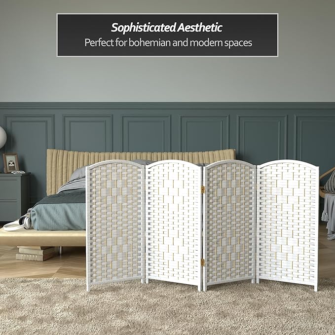 Red Lantern 3 ft. Short Diamond Weave Fiber Folding Screen - White - 4 Panel