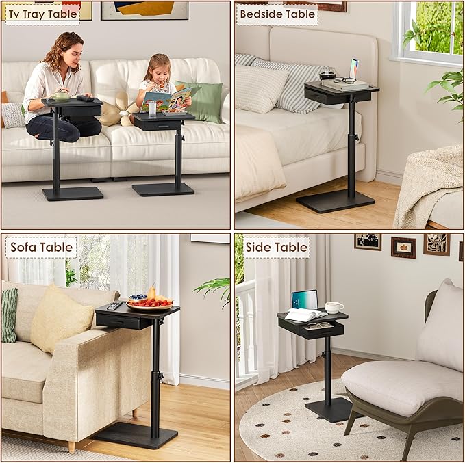 TV Tray with Drawer & Device Slot, Swivel Height Adjustable bedside table, Sofa Side Table for Eating, C Shaped Couch Table for Living Room & Bedroom, Portable Snack End Table for Couch & Bed, Black