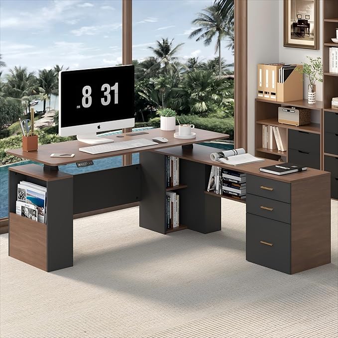 JOMEED 63" L Shaped Electric Standing Desk with Storage, Executive Adjustable Height with Privacy Pane and Power Outlets,Brown and Black