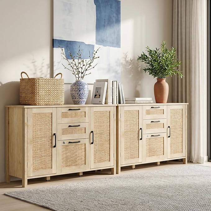 Lateral File Cabinets for Home Office, 3 Drawer and 2 Doors Filing Cabinet with Lock, Wide Rattan Filing Organization Cabinets with Printer Stand, Adjustable Storage Shelves/Hanging Bars, Natural Wood