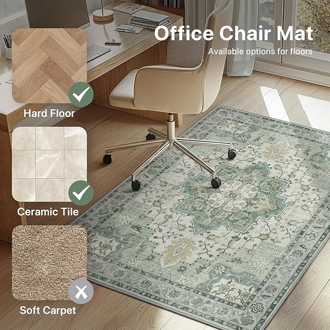 48"x72" Office Chair Mat for Hardwood Tile Floor, Under Desk Carpet Protector for Rolling Computer Chair Mat, Machine Washable Area Rug, Anti-Slip 1/5" Thick Low Pile Thin Vinyl Floor Mat, Green