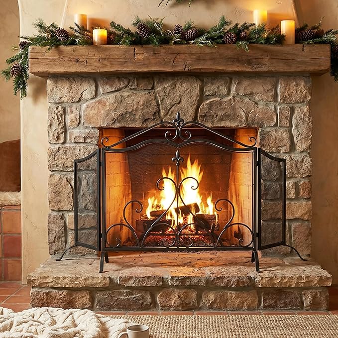 Christopher Knight Home Suho 3-Panel Iron Fireplace Screen, Foldable Fire Spark Guard with Wrought Metal Decorative Mesh, Arch Heavy Duty with Central Floral Pattern, 54" x 31.5", Black