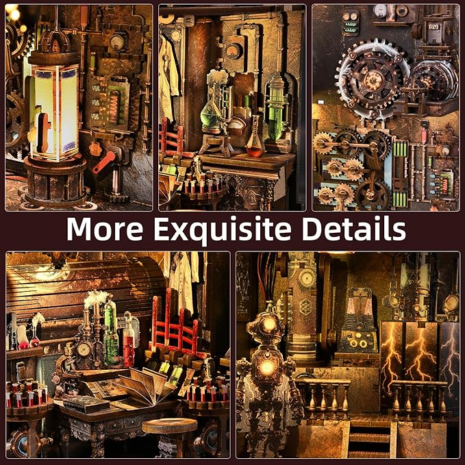 fifijoy Book Nook Kit, DIY Miniature Dollhouse Booknook Kit, 3D Wooden Puzzle Bookend Bookshelf Insert Decor with LED Light for Teens and Adults (Steampunk Mad Scientist Laboratory)
