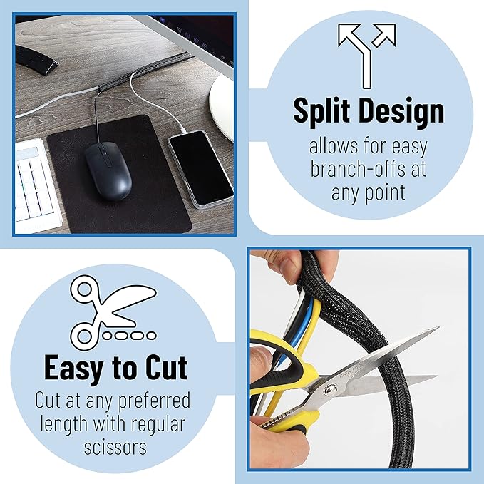 Bates 1/2 inch 10ft Long Cable Management Sleeve - Split Sleeve Wire Wrap, Secure Cord Protection