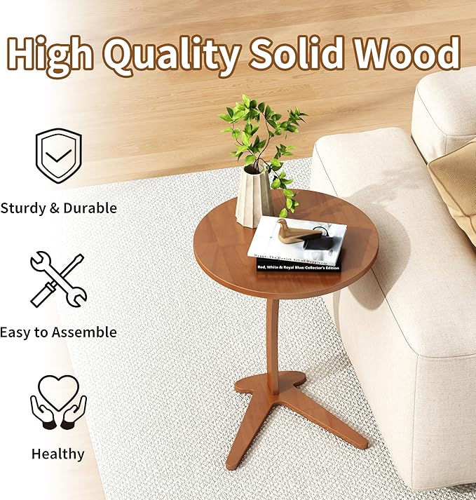 C Shaped End Table, Small Round Side Table for Couch, Slide Under Sofa Tray Desk for Living Room Bedroom, Solid Wood TV Tray Table for Narrow Space (15” Chestnut)
