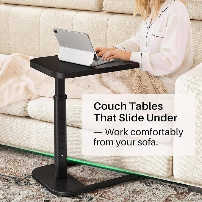 Kitstorack Adjustable Height C-Shaped End Table, 9-Level Side Table with Metal Rounded Edge, Couch Table that Slides Under Sofa or Bed for Eating, Working, and Drinks, TV Tray for Small Spaces, Black