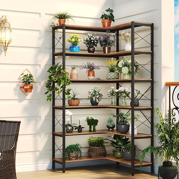 Wildhome 6-Shelf Corner Bookshelf, Vintage Industrial CornerBookshelf Etagere Bookcase, Large Book Shelf with Metal Frame Open Storage Corner Cabinet for Living Room Home Office（Retro Brown）