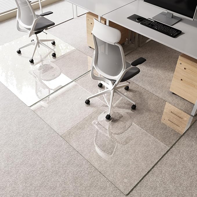 Tempered Glass Chair Mat 55"x46" – Ultra-Clear Office Chair Mat for Hardwood Floors & Low-Pile Carpets – Heavy-Duty 0.2" Scratch-Resistant Surface with Non-Slip Pads – Supports 1,000 lbs