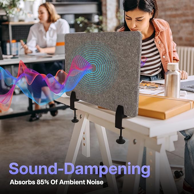 ReFocus Raw Clamp-On Acoustic Desk Divider, Noise-Reducing PET Privacy Panel for Offices, Sound-Dampening Desk Screen for Focused Work, Easy Installation Workspace Divider (24" × 16", Castle Gray)
