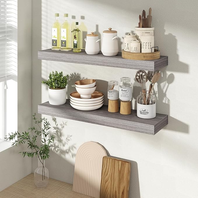 Acovy 24 Inch Floating Shelves for Wall 2 Pack, 24" Wall Shelves for Books, Storage, Decor, Wall Mounted Floating Shelf with Invisible Brackets for Kitchen, Living Room, Gray