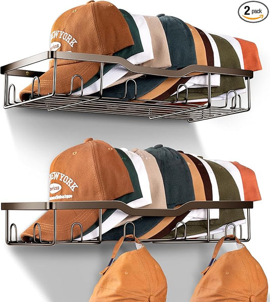 KEETDY Metal Hat Racks for Wall Baseball Cap Organizer Fit 48 Caps Holder, 2 Packs Sturdy Wall Mounted Hat Storage Organizer, Brown