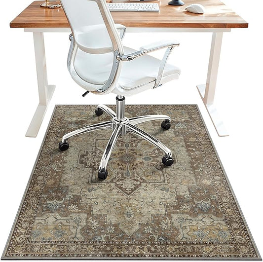 36"x48" Office Chair Mat for Hardwood Tile Floor, Under Desk Carpet Protector for Rolling Computer Chair Mat, Machine Washable Area Rug, Anti-Slip 1/5" Thick Low Pile Thin Vinyl Floor Mat, Brown