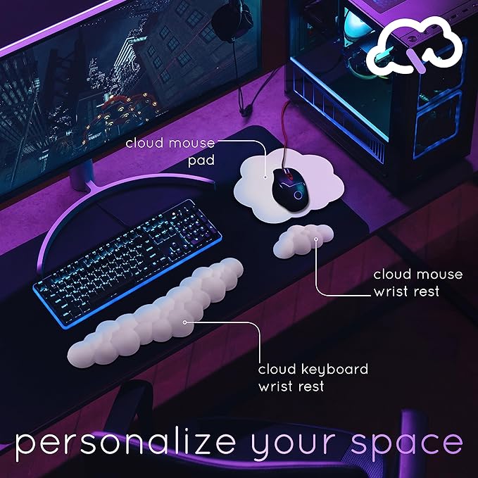 Cloud Keyboard Wrist Rest – Create-ables Qloud Cloud Wrist Rest for Computer Keyboard and Mouse, Ergonomic Memory Foam Wrist Pad with Non-Slip Base, Includes Cloud Mouse Pad – Gray