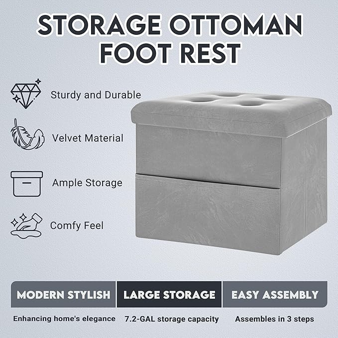 ZOES HOMEWARE Small Storage Ottoman Foot Rest, Velvet Ottoman with Storage and Side Pocket, Pink Foot Rest for Couch, Foldable Footstool Ottoman for Chair,Living Room&Dorm, 16"x12"x12" Grey