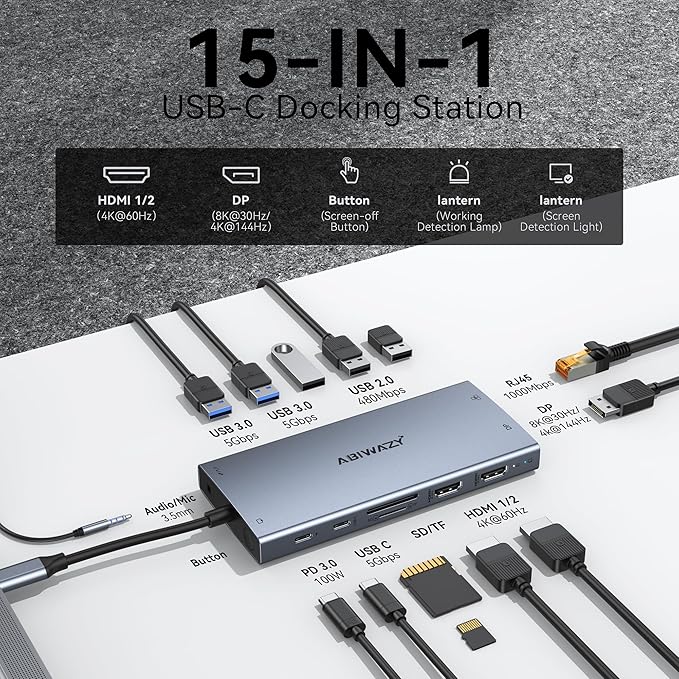 USB C Laptop Docking Station Dual Monitor, 15 in 1 Docking Station 3 Monitors with DP 8K, 2 HDMI 4K, 6 USB A/C Ports, 100W PD, Ethernet, Audio, SD/MicroSD, ABIWAZY USB C Hub for Dell/HP/Lenovo
