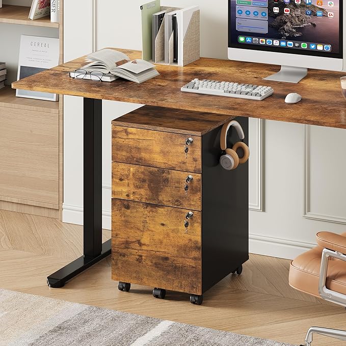 DEVAISE 3 Drawer Mobile File Cabinet with Individual Locks, Wood Filing Cabinet for Office, Under Desk Printer Stand with Wheels, Fits Letter/A4/Legal Size, Rustic Brown