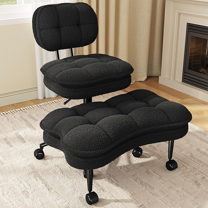 DurayLoly Criss Cross Chair, Ergonomic Office Chair with Wheels & Backrest, Cross Legged Office Chair with Foot Rest for ADHD, Height Adjustable, Thicken Cushion, Teddy Fabric, Black